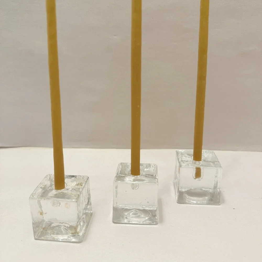 Art Glass VTG Cube Candle Holder Taper Mini Beeswax Candles MCM 3PC Set Findland